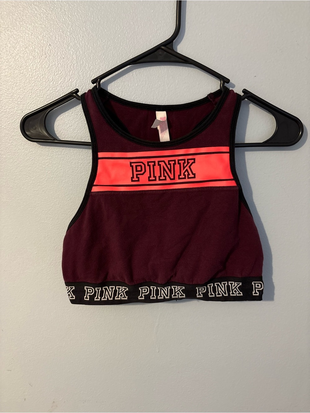 PINK Victoria's Secret Burgundy Crop Tank with Neon Pink Logo Band